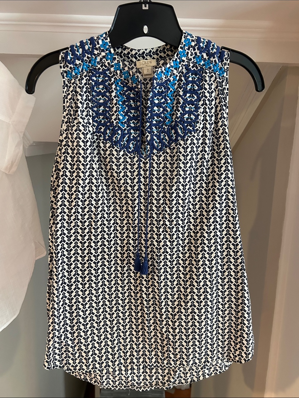 J. Crew Navy and White Geometric Sleeveless Embroidered Yoke Top